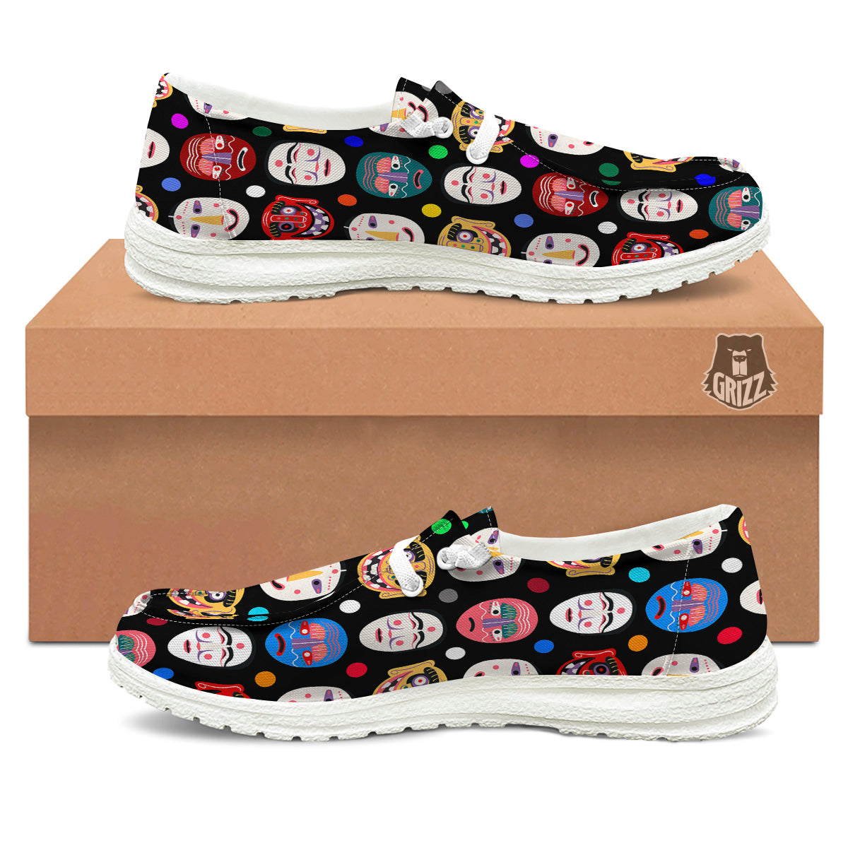 Traditional Korean Masks Print Pattern White Loafers-grizzshop