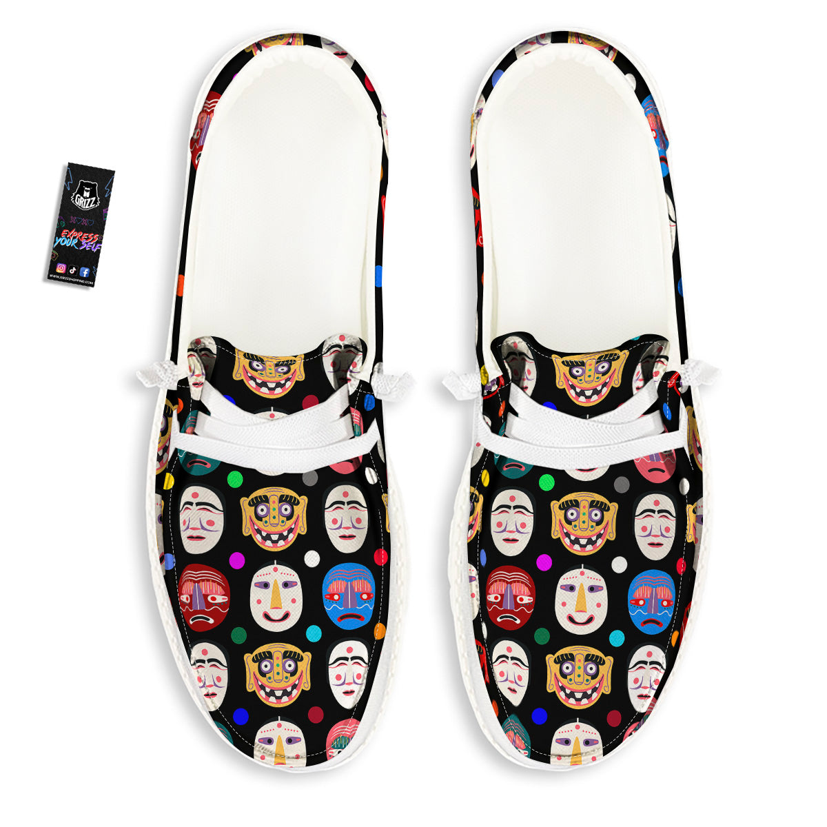 Traditional Korean Masks Print Pattern White Loafers-grizzshop