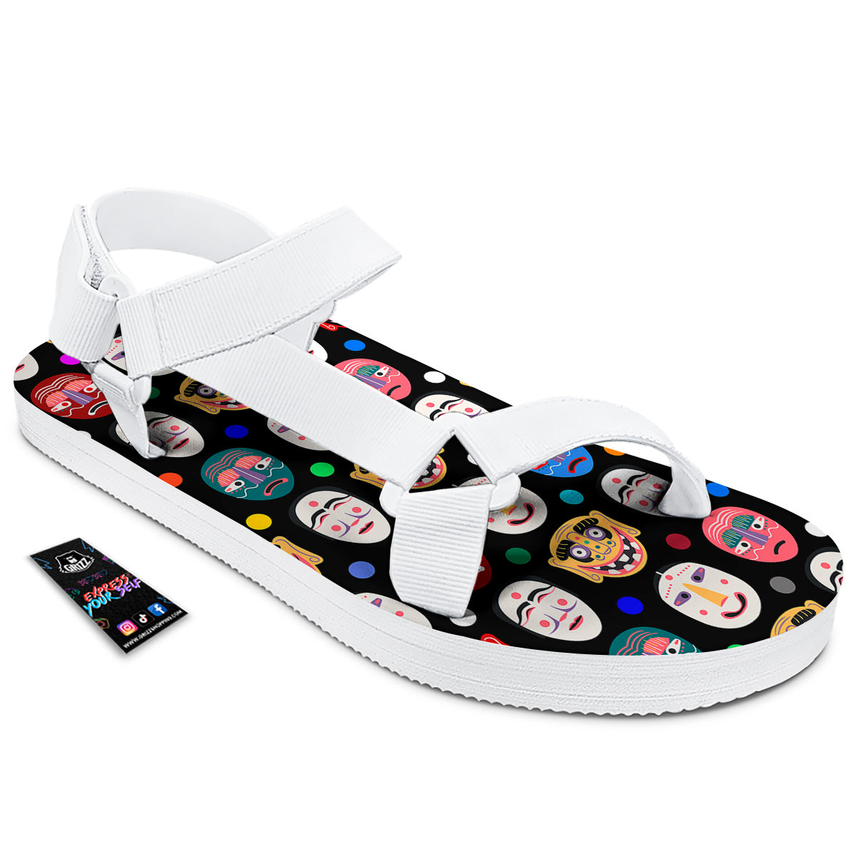 Traditional Korean Masks Print Pattern White Open Toe Sandals-grizzshop