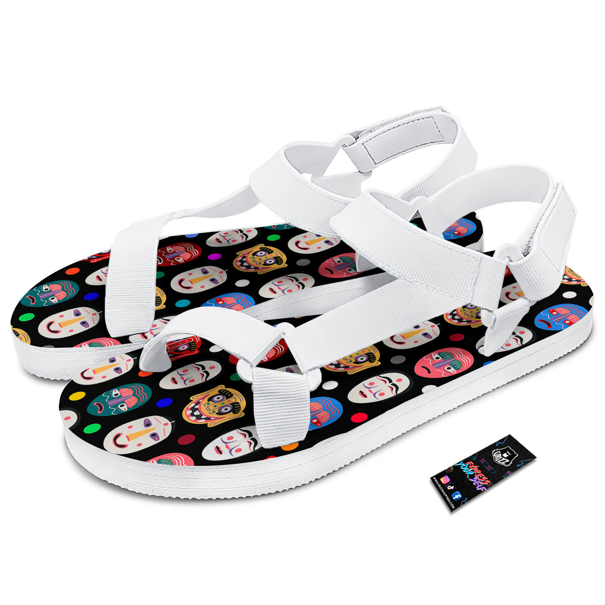 Traditional Korean Masks Print Pattern White Open Toe Sandals-grizzshop