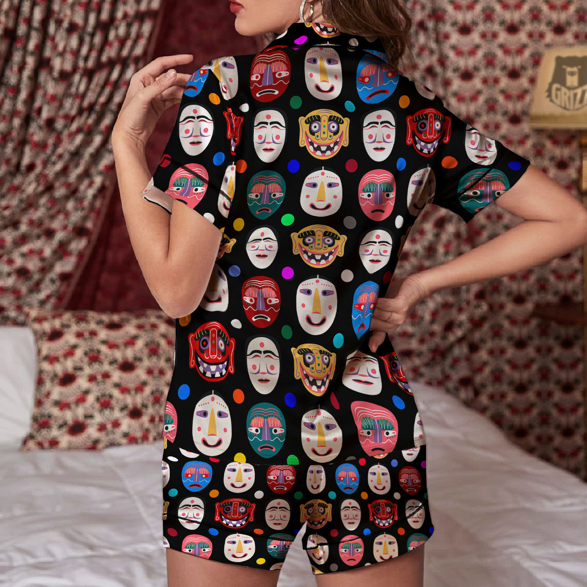 Traditional Korean Masks Print Pattern Women Silk Pajamas-grizzshop
