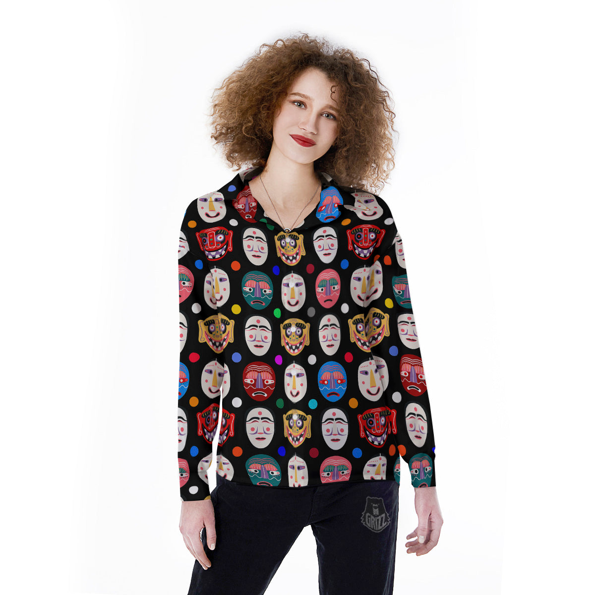 Traditional Korean Masks Print Pattern Women's Long Sleeve Shirts-grizzshop