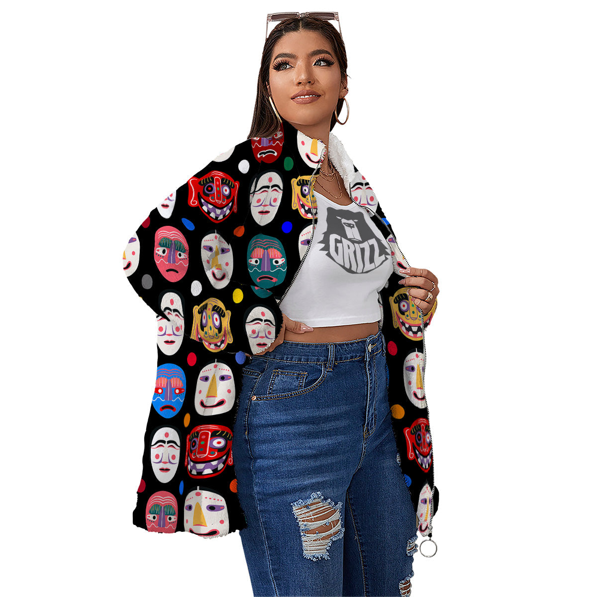 Traditional Korean Masks Print Pattern Women's Sherpa Jacket-grizzshop