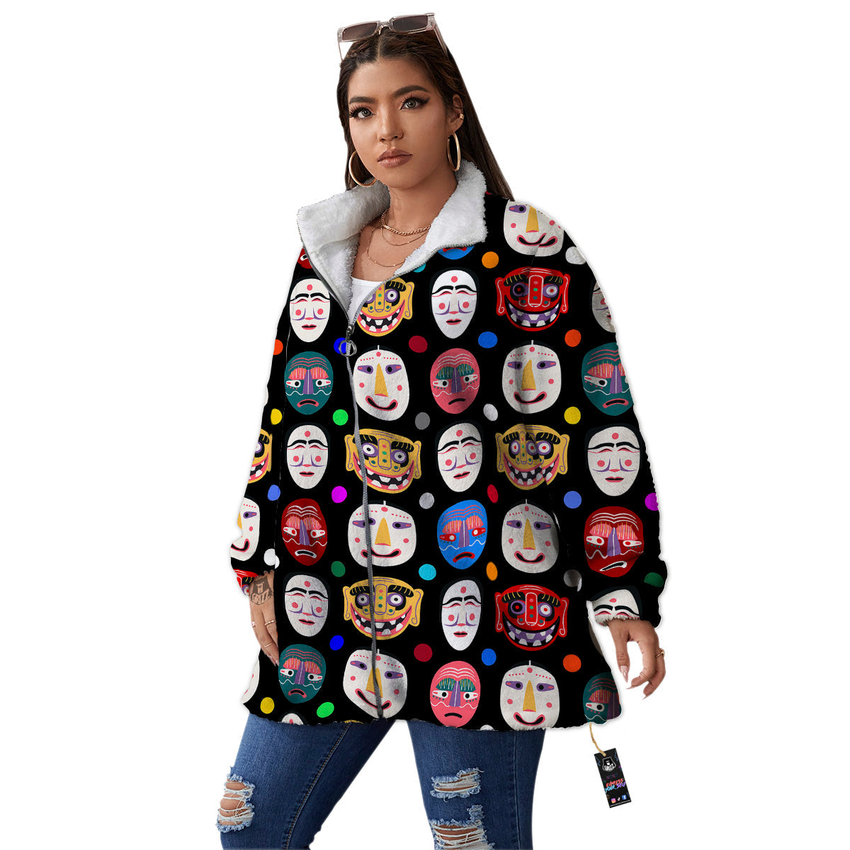 Traditional Korean Masks Print Pattern Women's Sherpa Jacket-grizzshop