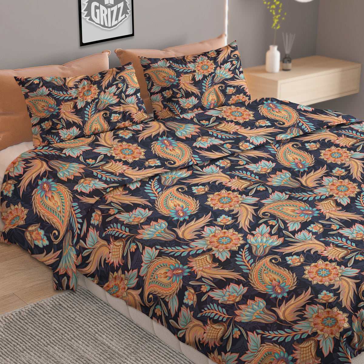 Traditional Oriental Paisley Print Pattern Duvet Cover Bedding Set
