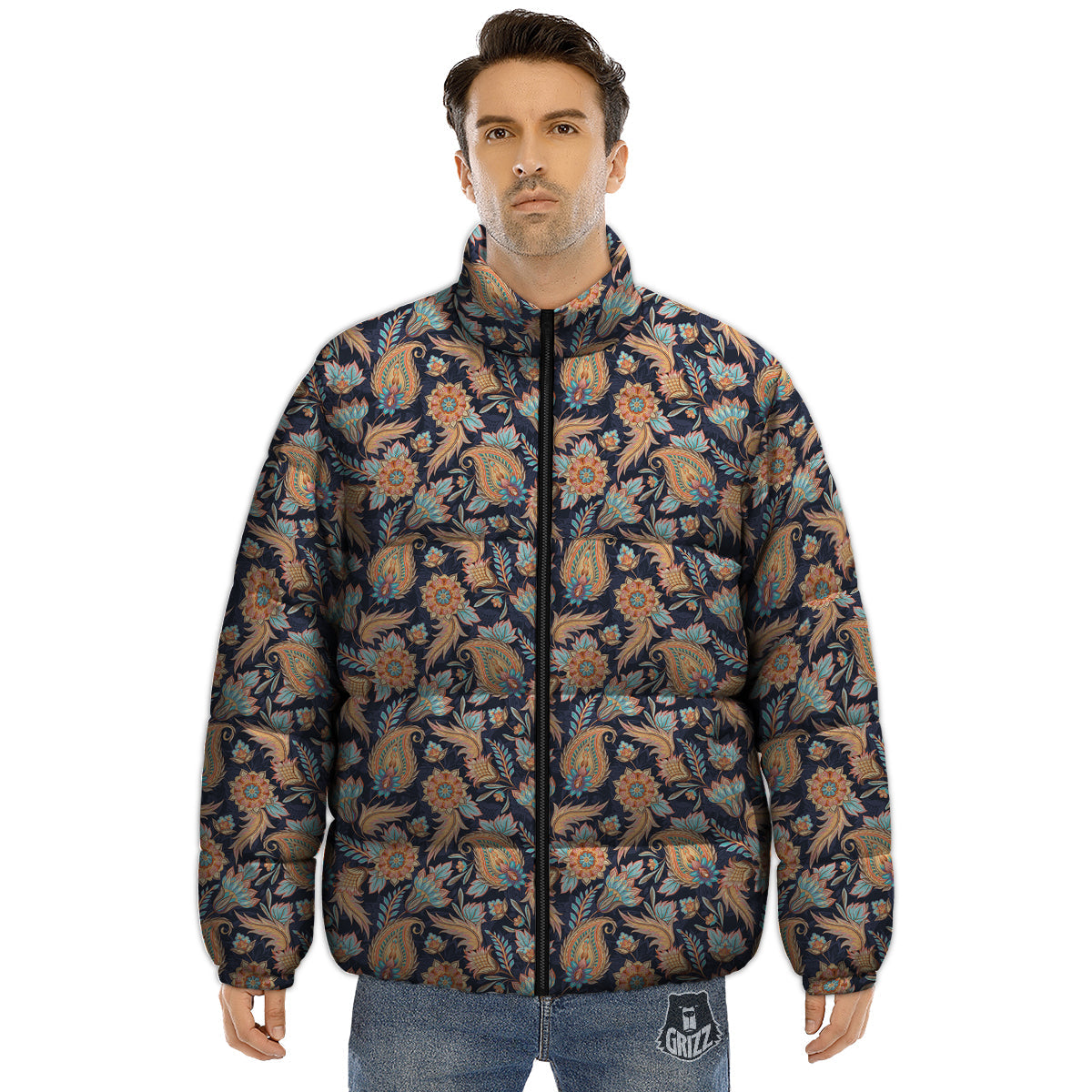 Traditional Oriental Paisley Print Pattern Puffer Jacket-grizzshop