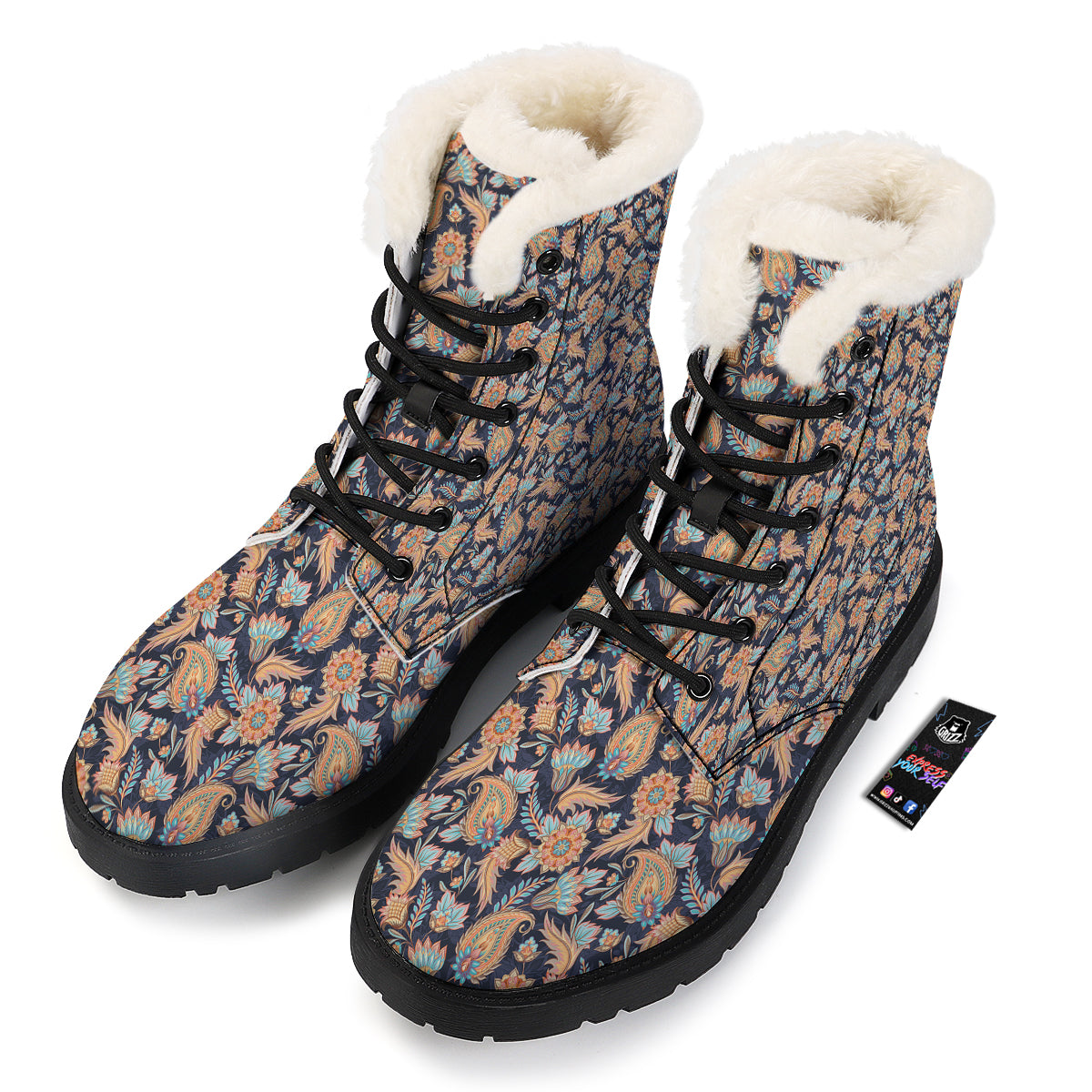 Traditional Oriental Paisley Print Pattern Winter Boots-grizzshop