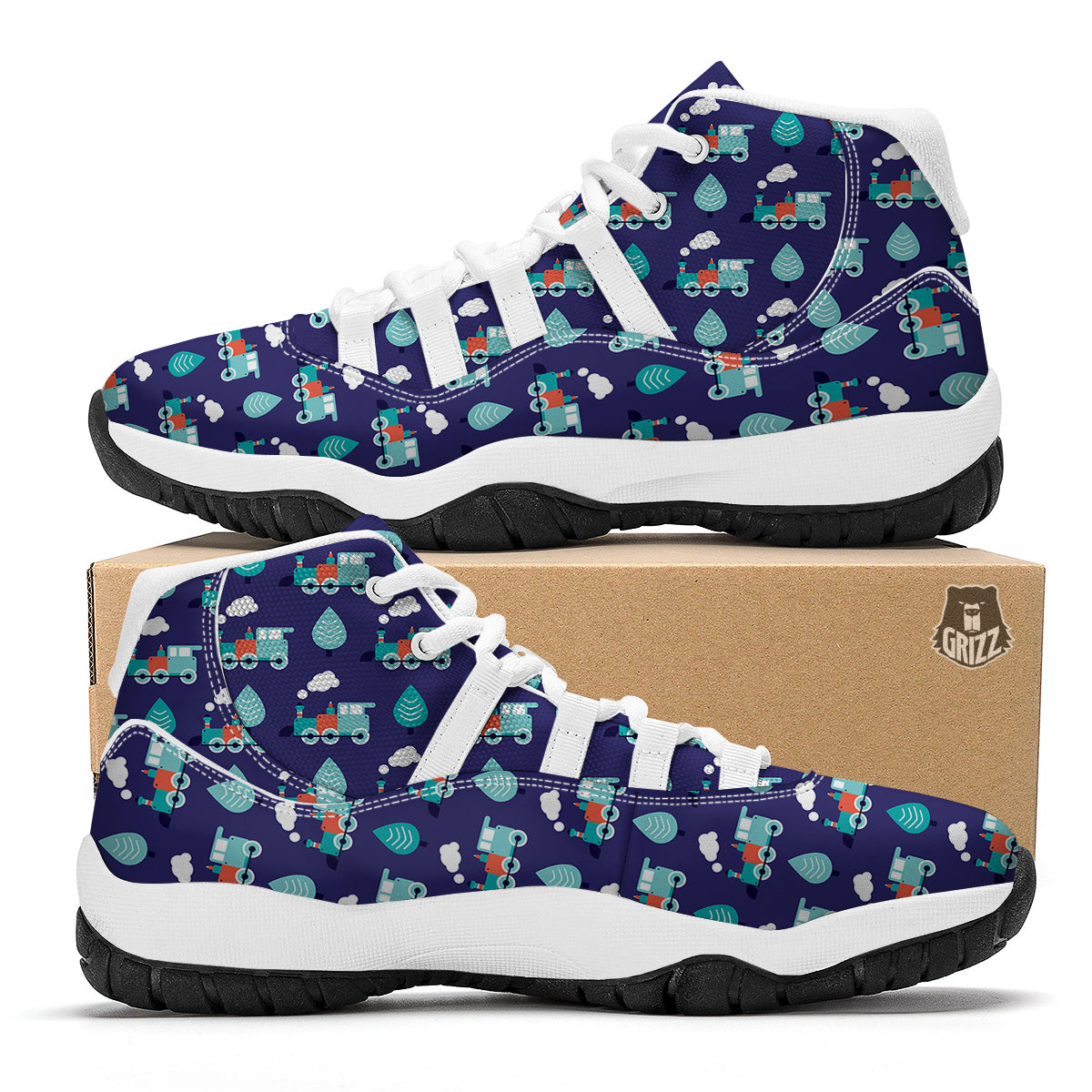 Train And Tree Print Pattern White Bball Shoes-grizzshop