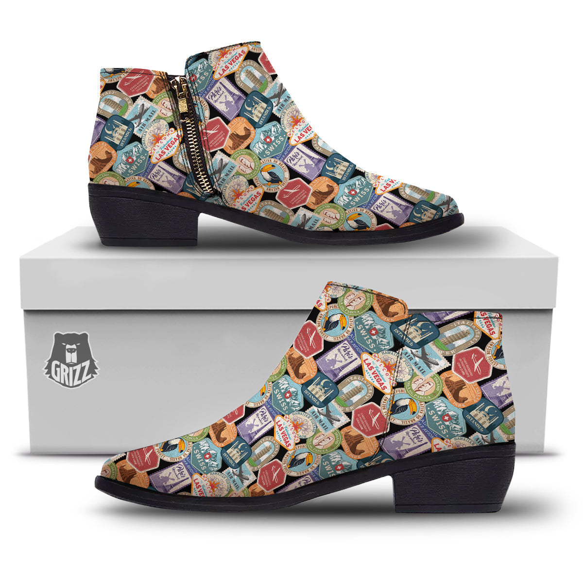 Travel Destinations Print Pattern Ankle Boots-grizzshop