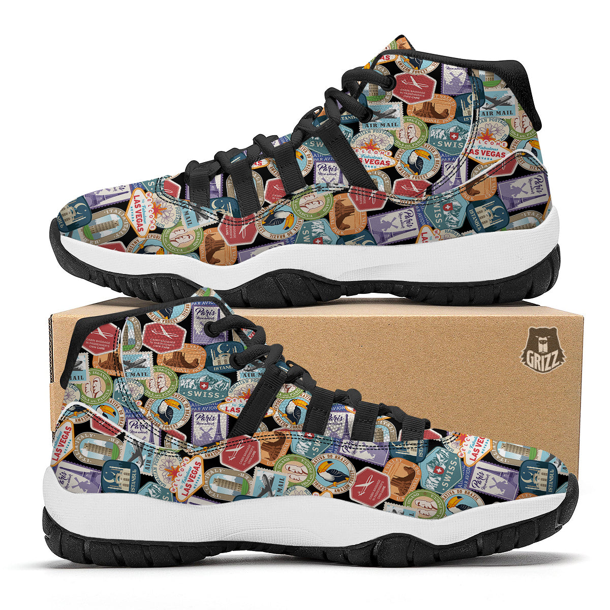 Travel Destinations Print Pattern Black Bball Shoes-grizzshop