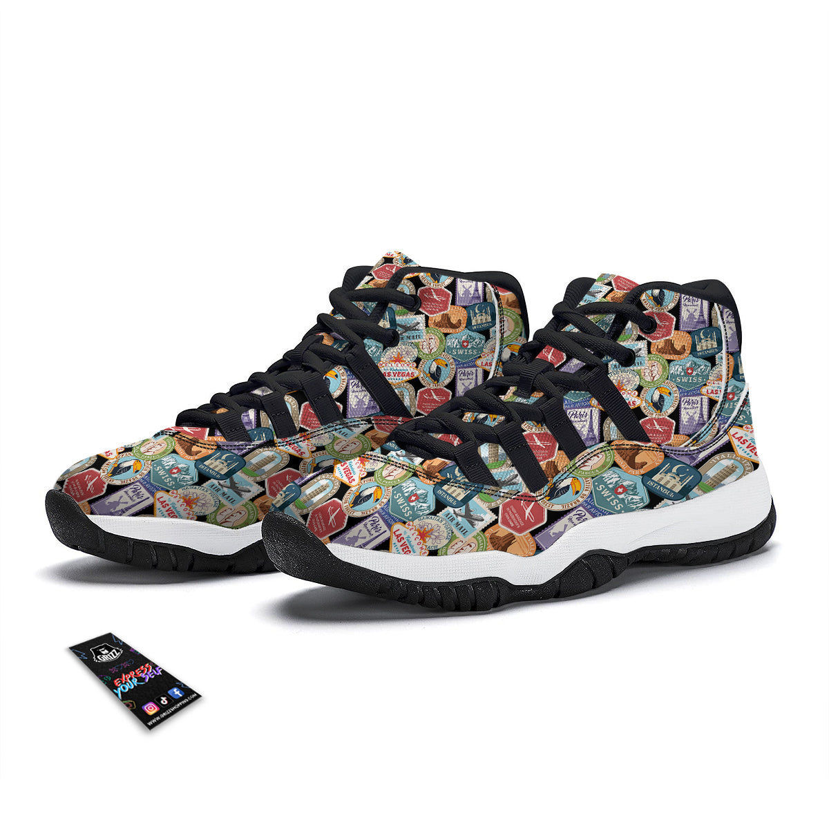 Travel Destinations Print Pattern Black Bball Shoes-grizzshop