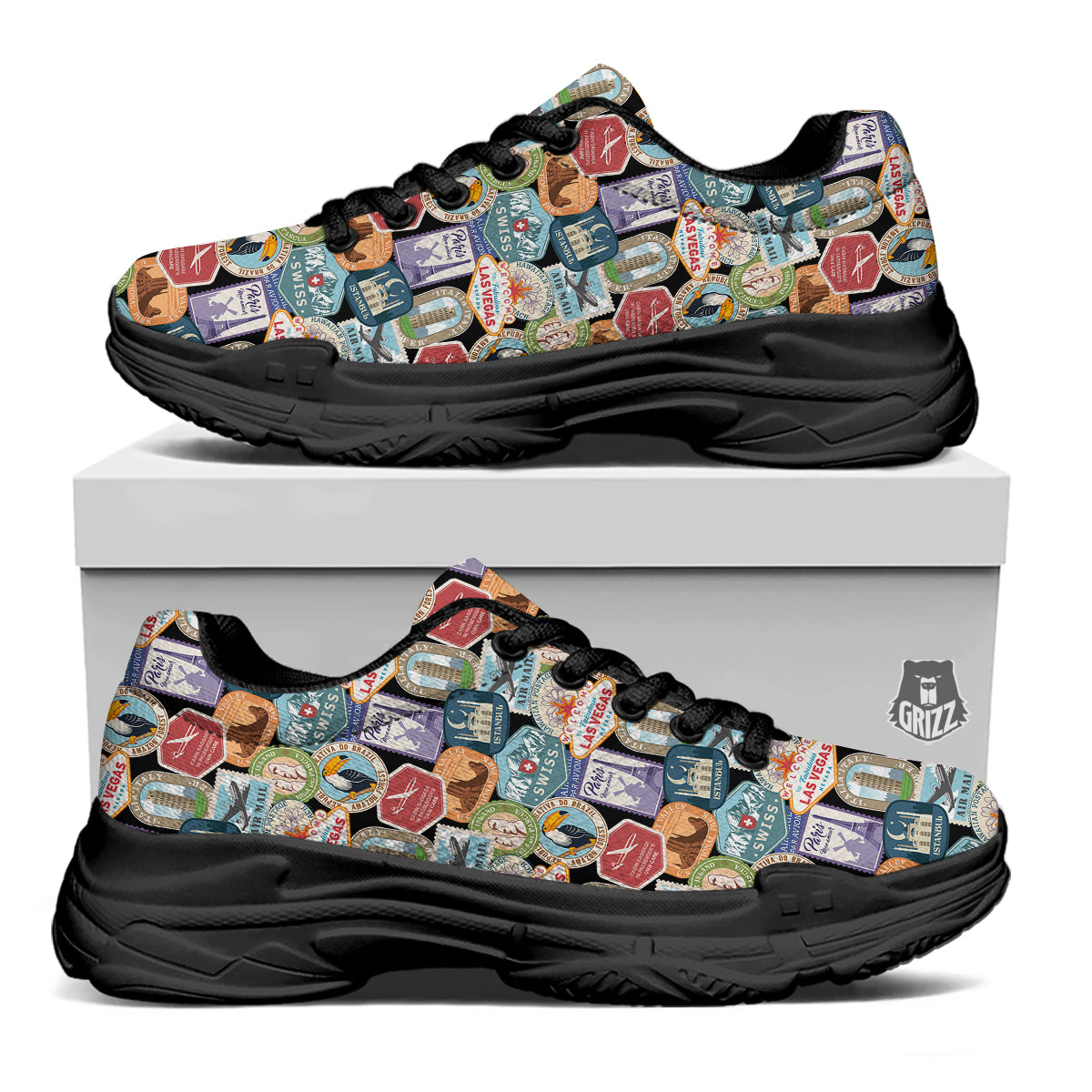 Travel Destinations Print Pattern Black Chunky Shoes-grizzshop