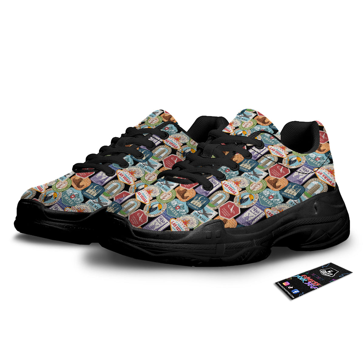 Travel Destinations Print Pattern Black Chunky Shoes-grizzshop