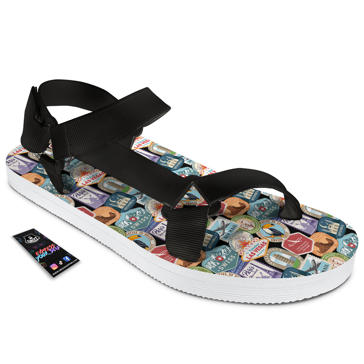Travel Destinations Print Pattern Black Open Toe Sandals-grizzshop