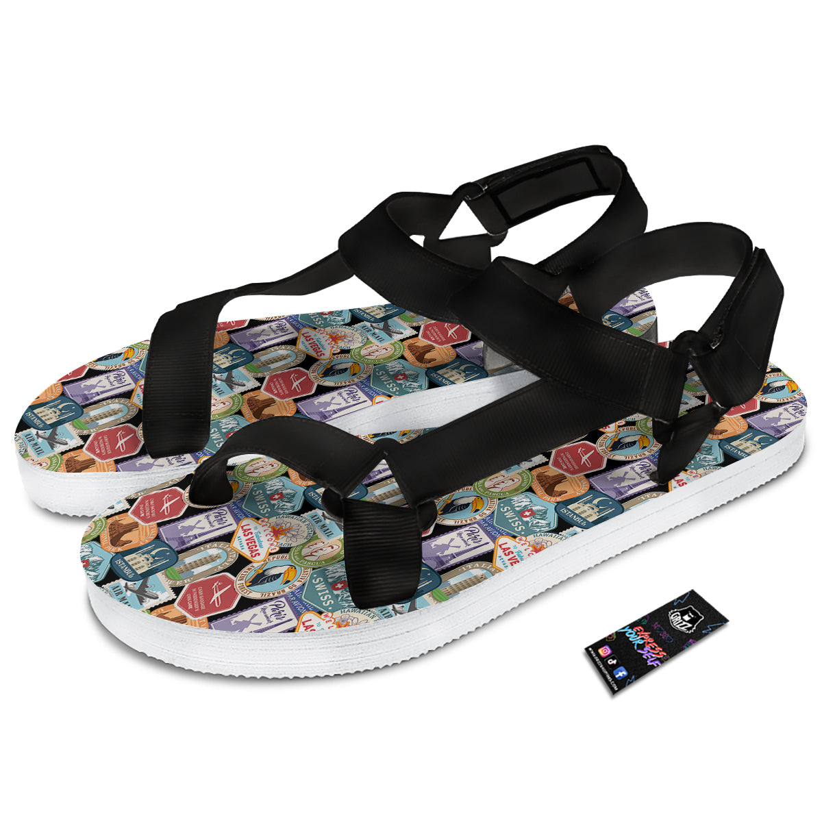 Travel Destinations Print Pattern Black Open Toe Sandals-grizzshop