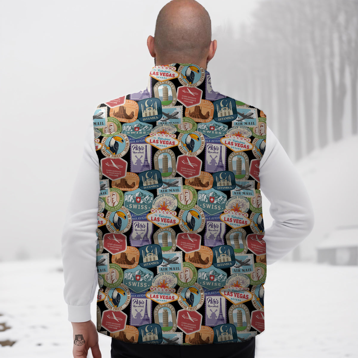 Travel Destinations Print Pattern Down Vest