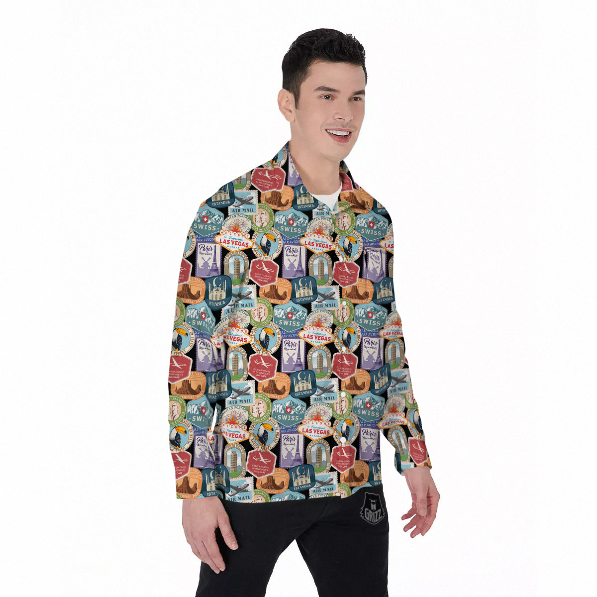 Travel Destinations Print Pattern Men's Long Sleeve Shirts-grizzshop