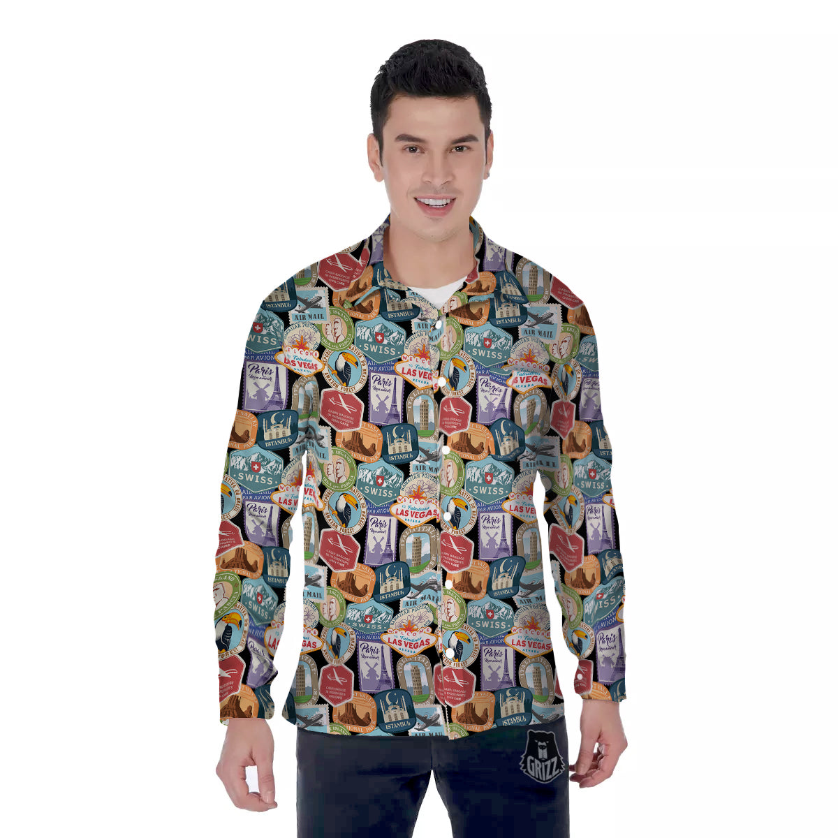 Travel Destinations Print Pattern Men's Long Sleeve Shirts-grizzshop