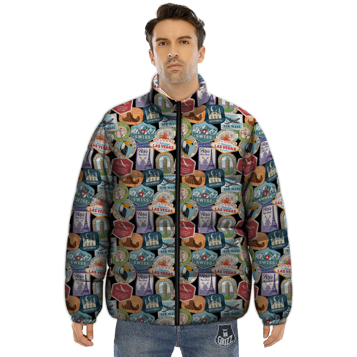 Travel Destinations Print Pattern Puffer Jacket-grizzshop
