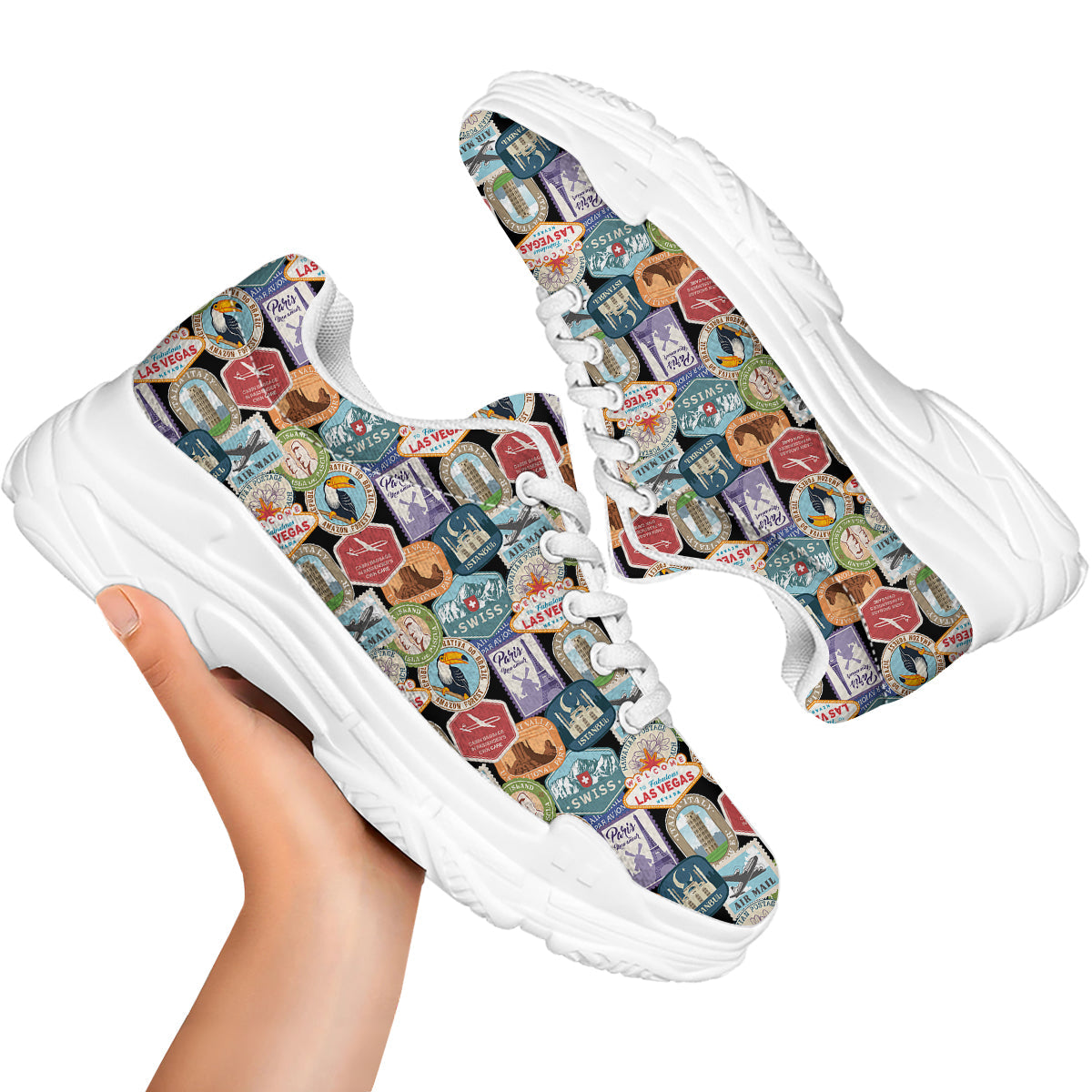 Travel Destinations Print Pattern White Chunky Shoes-grizzshop