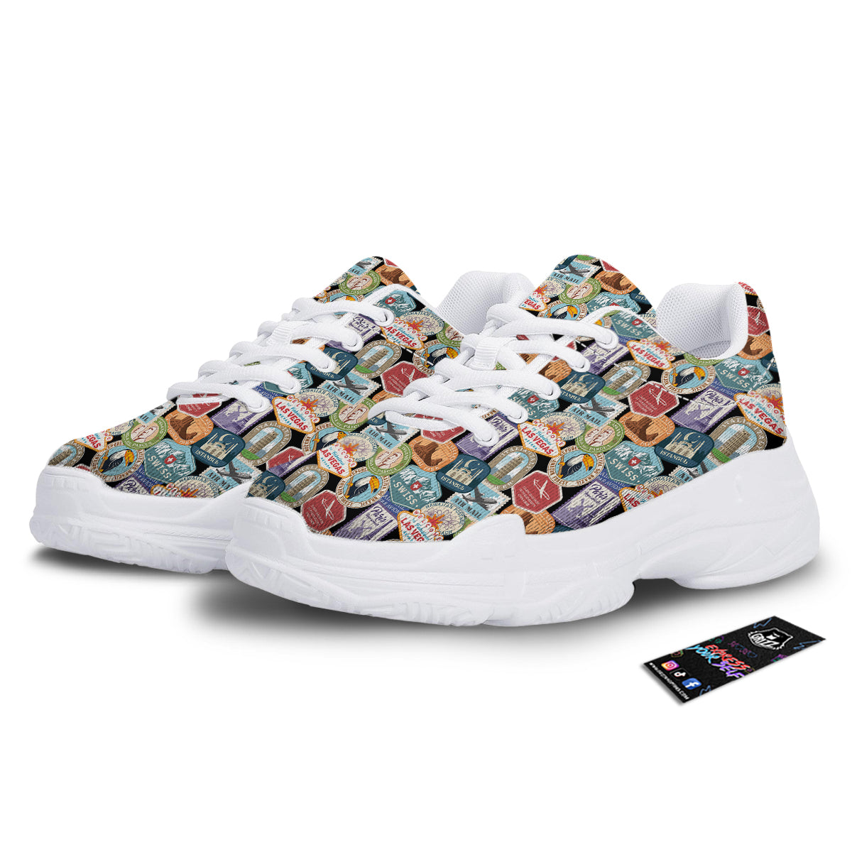 Travel Destinations Print Pattern White Chunky Shoes-grizzshop