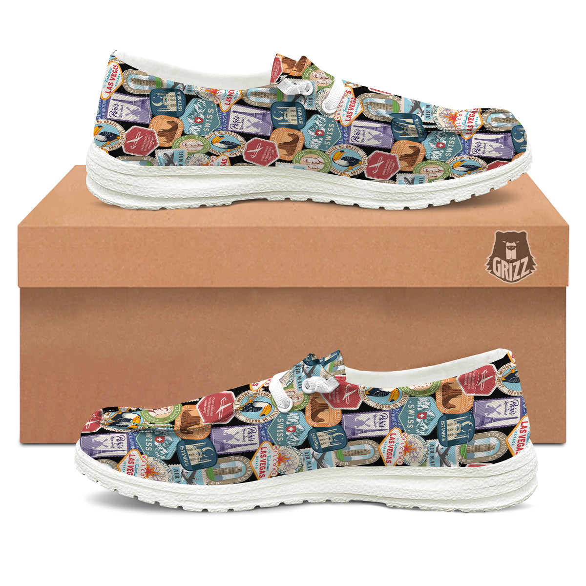 Travel Destinations Print Pattern White Loafers-grizzshop