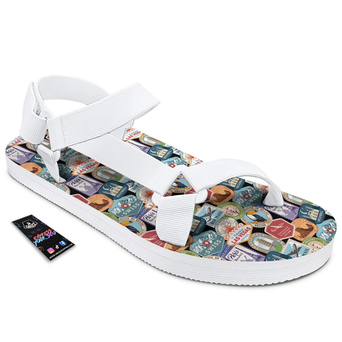 Travel Destinations Print Pattern White Open Toe Sandals-grizzshop