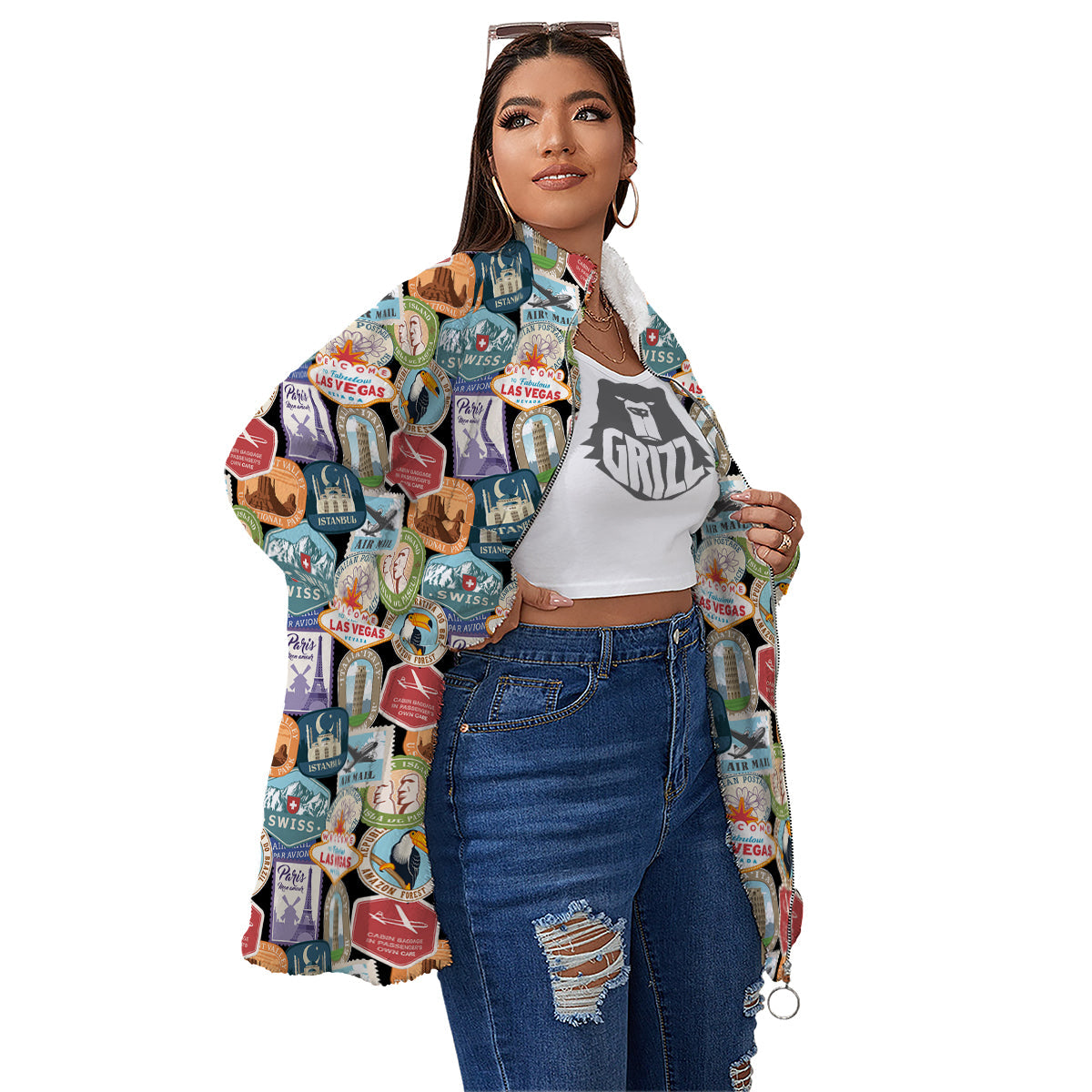 Travel Destinations Print Pattern Women's Sherpa Jacket-grizzshop