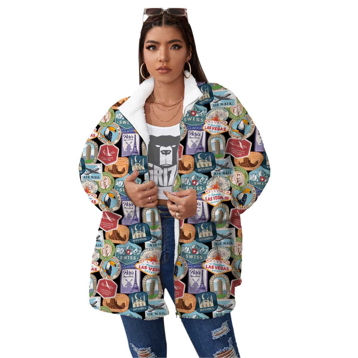 Travel Destinations Print Pattern Women's Sherpa Jacket-grizzshop