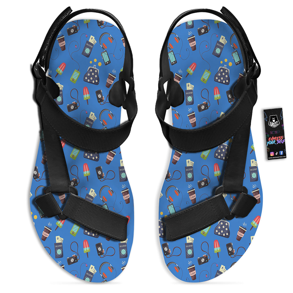 Travel Gear Vacation Print Pattern Black Open Toe Sandals-grizzshop