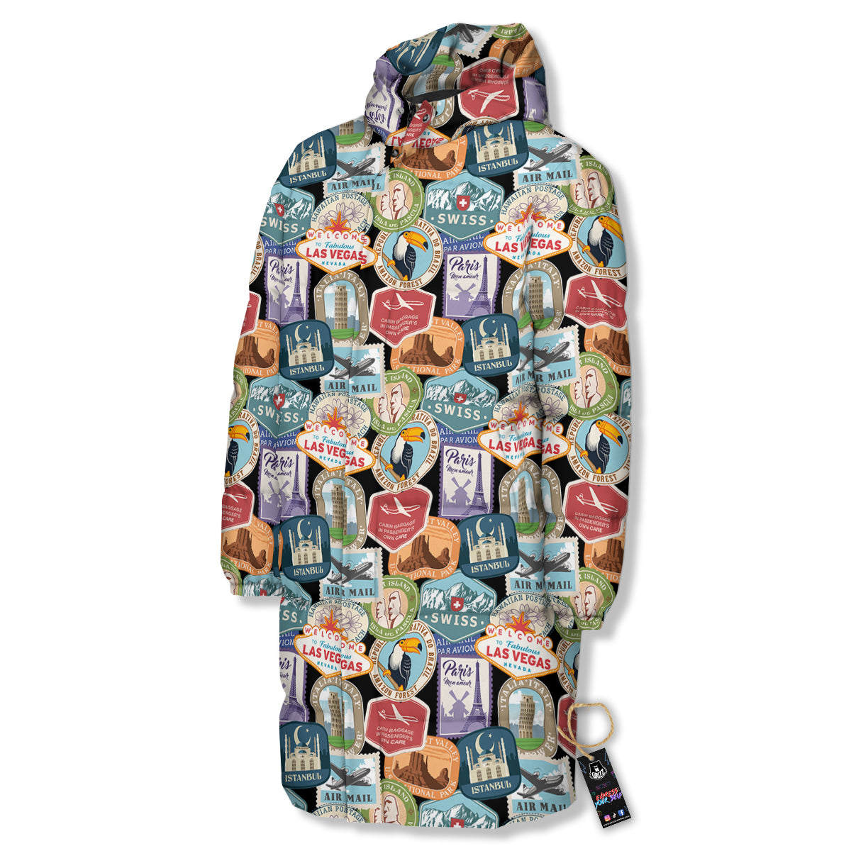 Travel Destinations Print Pattern Long Down Jacket