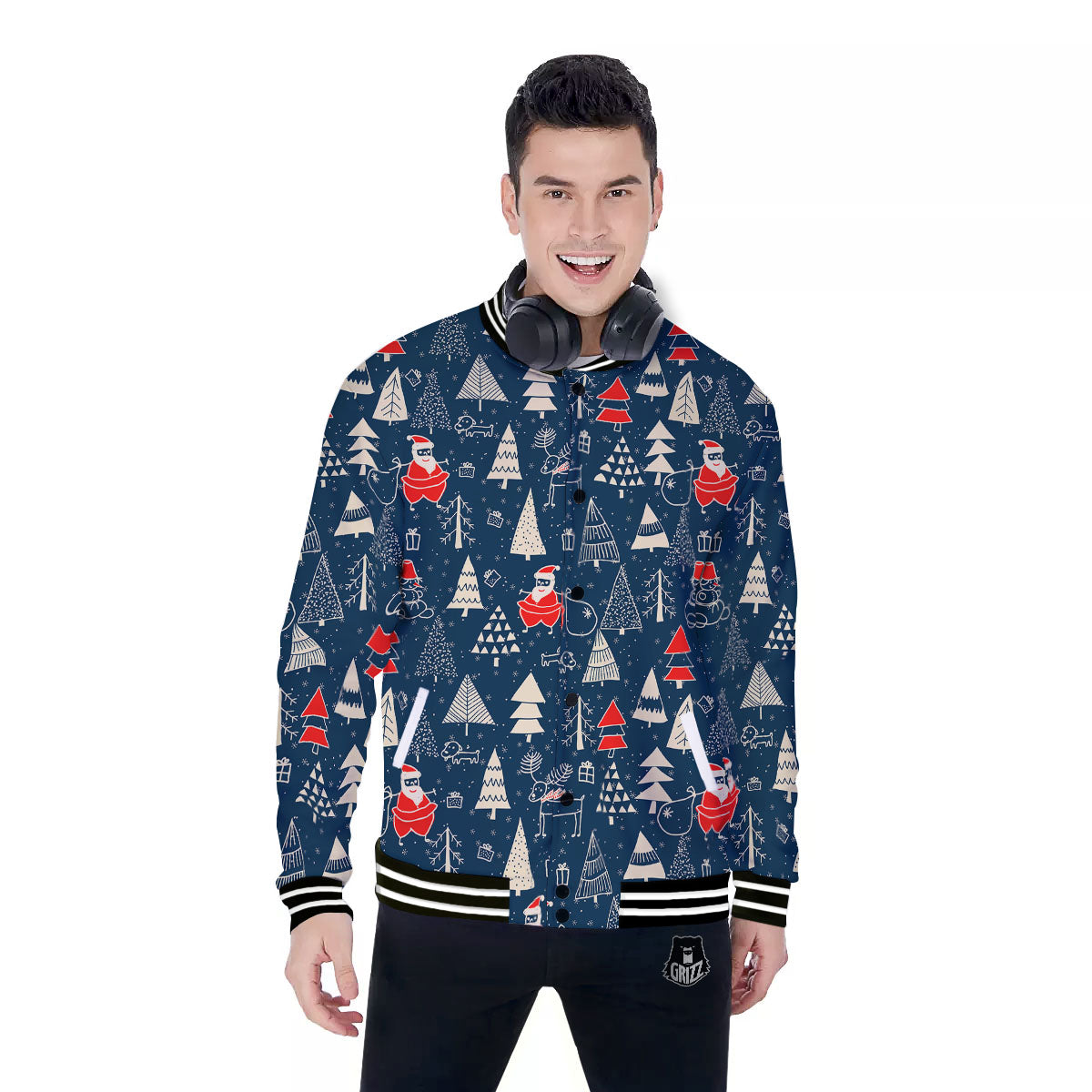 Tree Merry Christmas Print Pattern Baseball Jacket-grizzshop