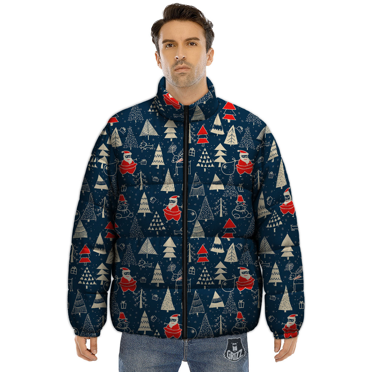 Tree Merry Christmas Print Pattern Puffer Jacket-grizzshop