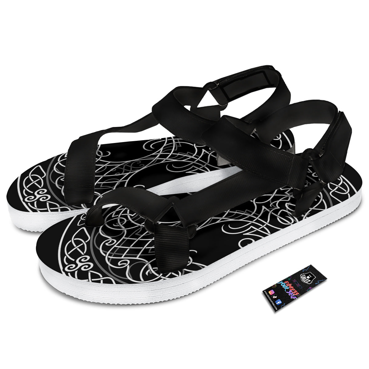 Tree Of Life Celtic Knot Print Black Open Toe Sandals-grizzshop