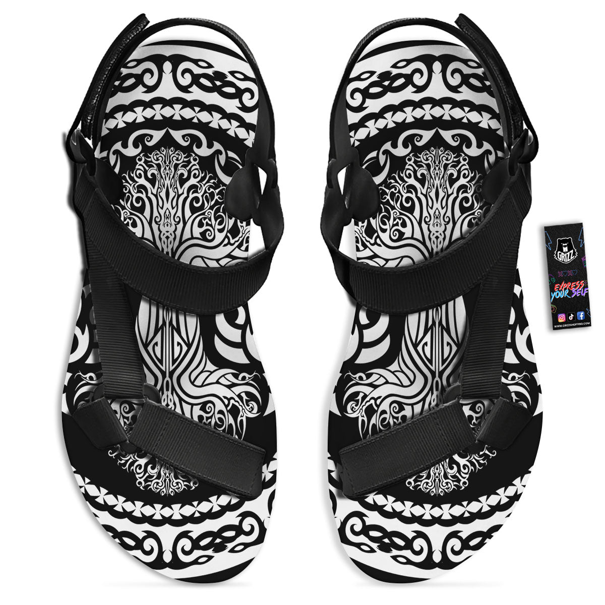 Tree Of Life Viking Print Black Open Toe Sandals-grizzshop