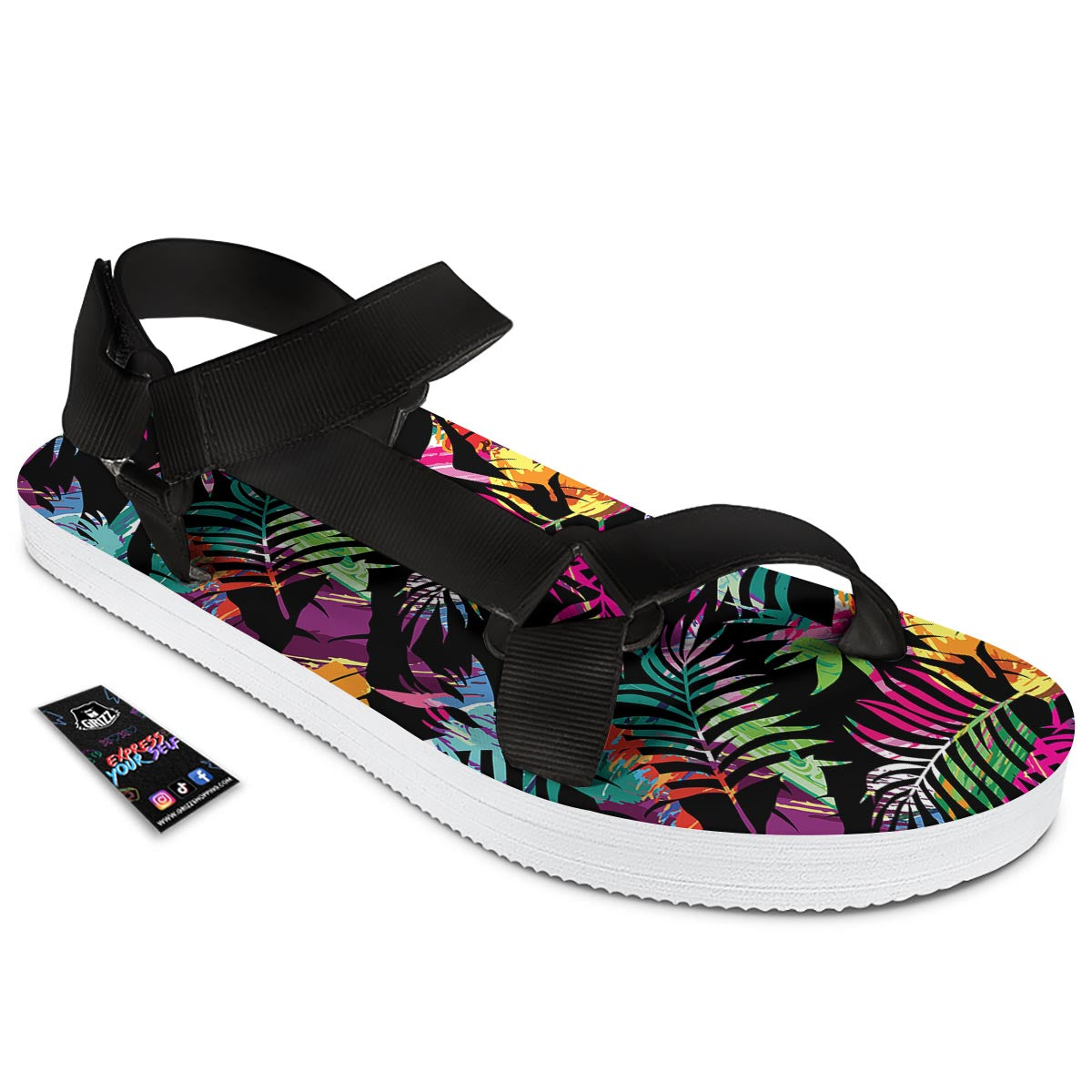 Tree Palm Trippy Print Pattern Black Open Toe Sandals-grizzshop