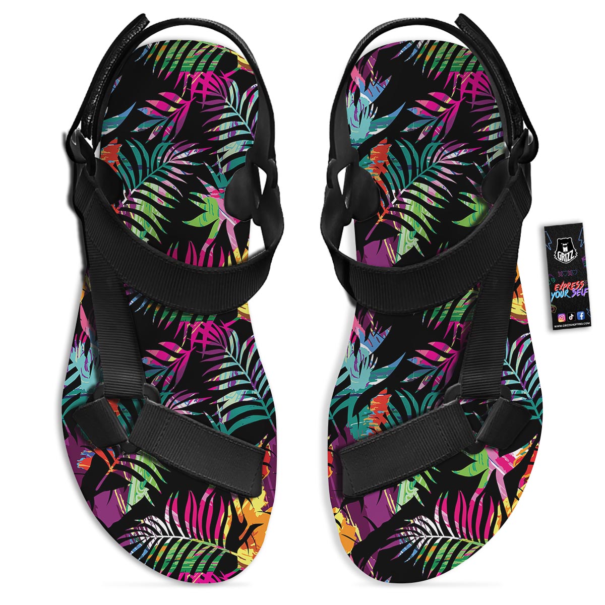 Tree Palm Trippy Print Pattern Black Open Toe Sandals-grizzshop