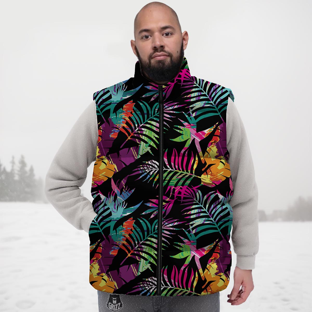 Tree Palm Trippy Print Pattern Down Vest