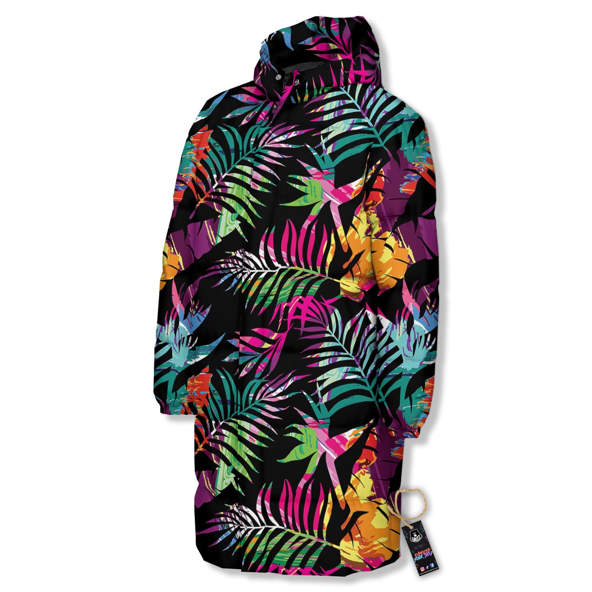Tree Palm Trippy Print Pattern Long Down Jacket-grizzshop