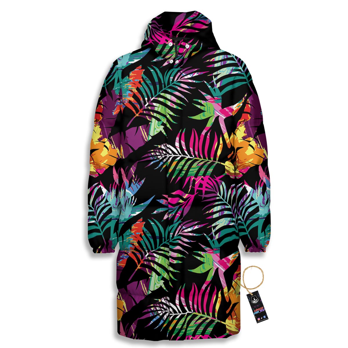 Tree Palm Trippy Print Pattern Long Down Jacket-grizzshop