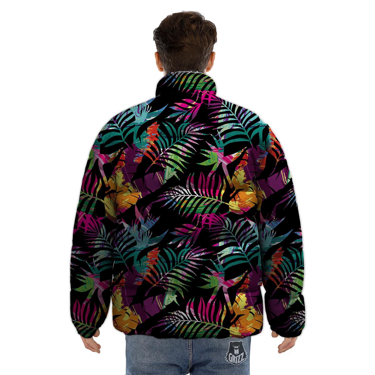 Tree Palm Trippy Print Pattern Puffer Jacket-grizzshop