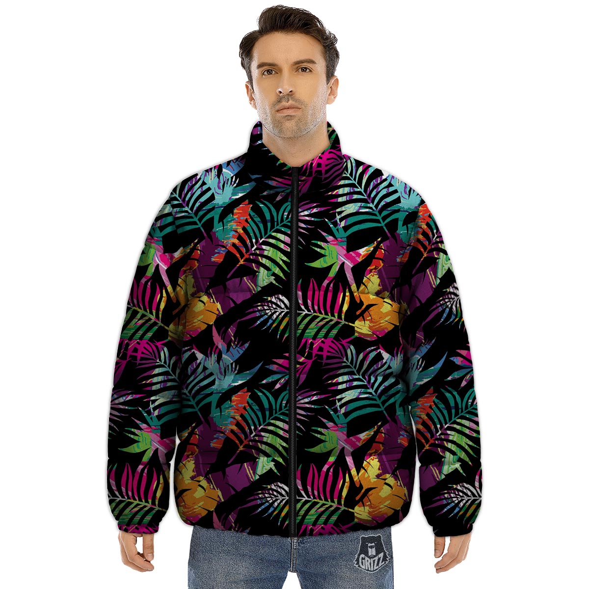 Tree Palm Trippy Print Pattern Puffer Jacket-grizzshop