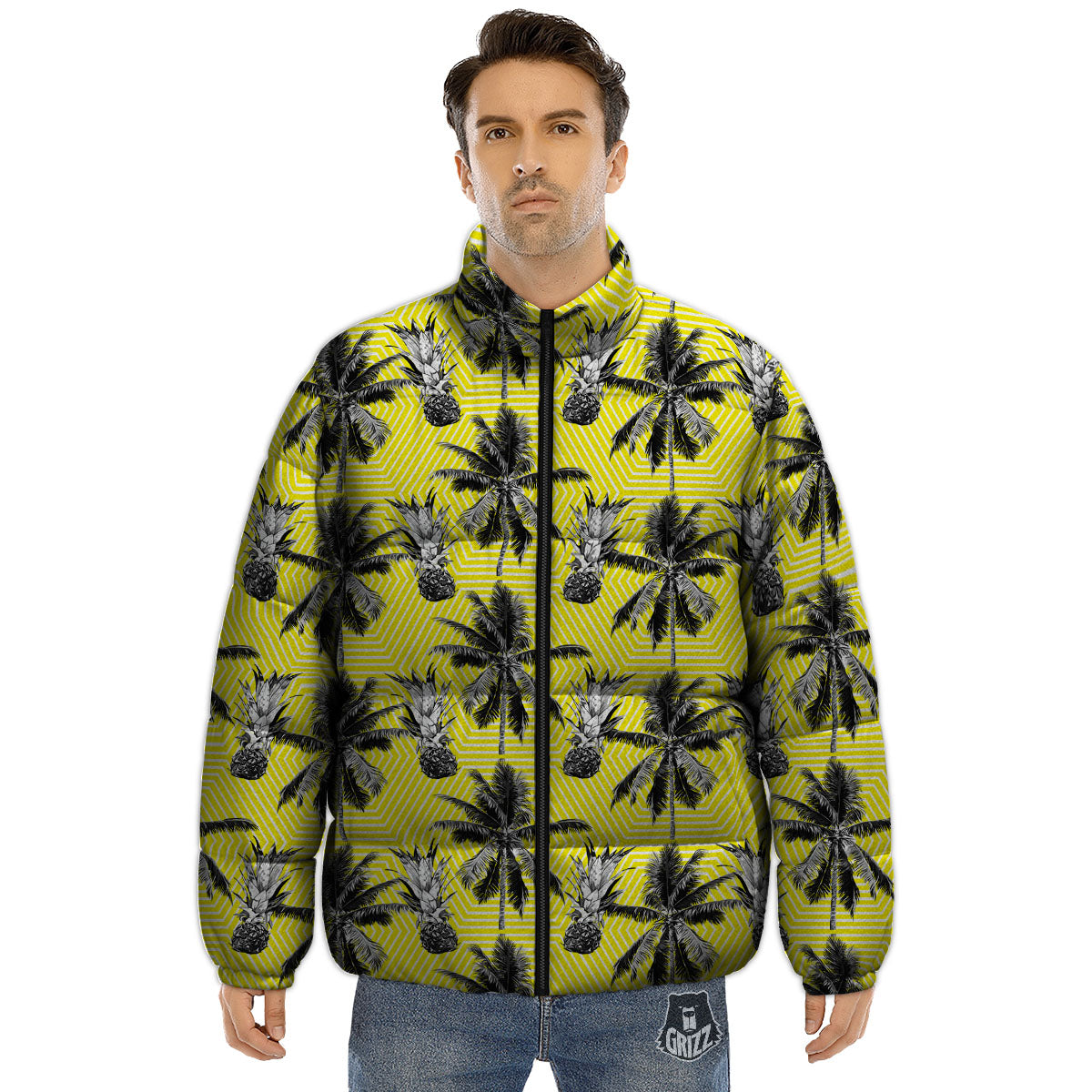 Tree Palm Yellow Print Pattern Puffer Jacket-grizzshop
