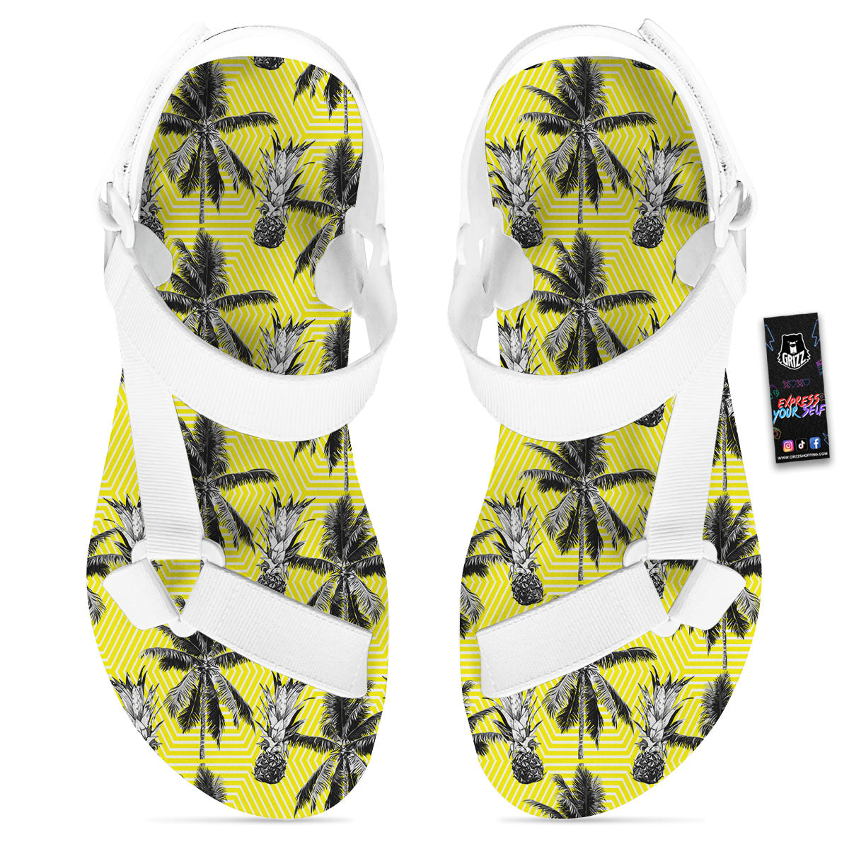 Tree Palm Yellow Print Pattern White Open Toe Sandals-grizzshop