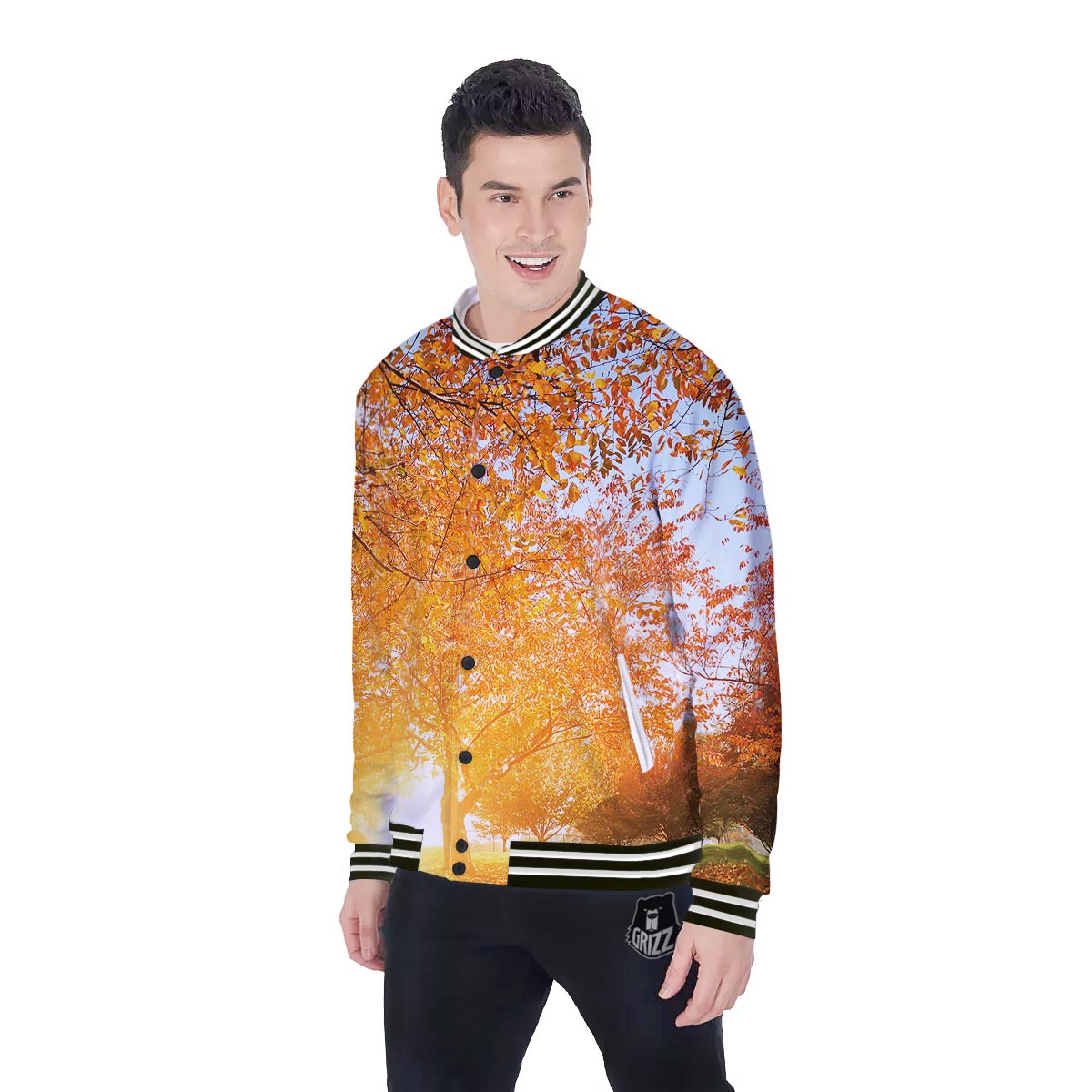 Tree Sunshine Autumn Print Baseball Jacket-grizzshop