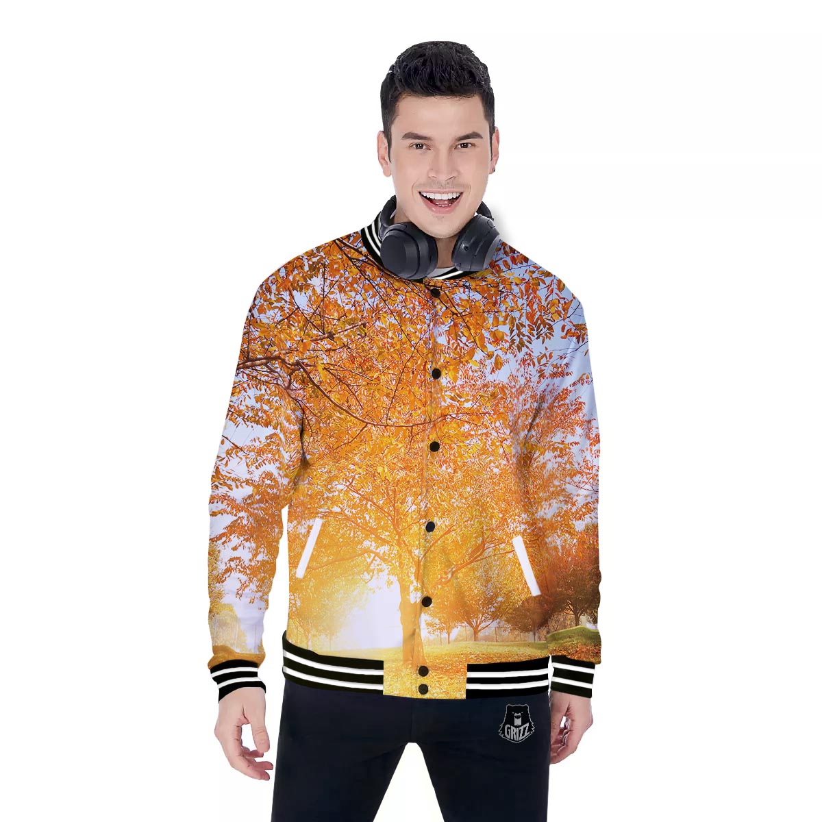 Tree Sunshine Autumn Print Baseball Jacket-grizzshop