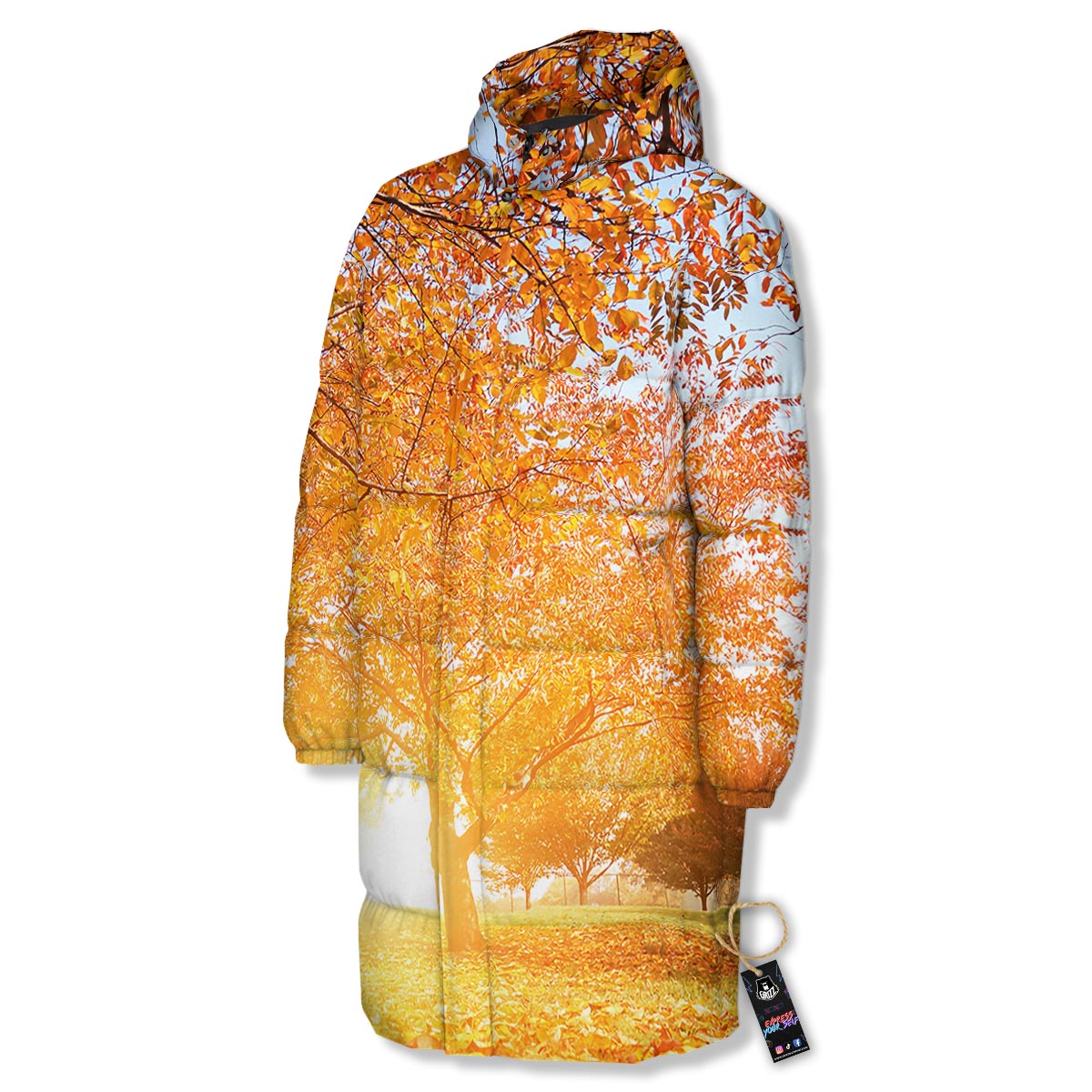 Tree Sunshine Autumn Print Long Down Jacket-grizzshop