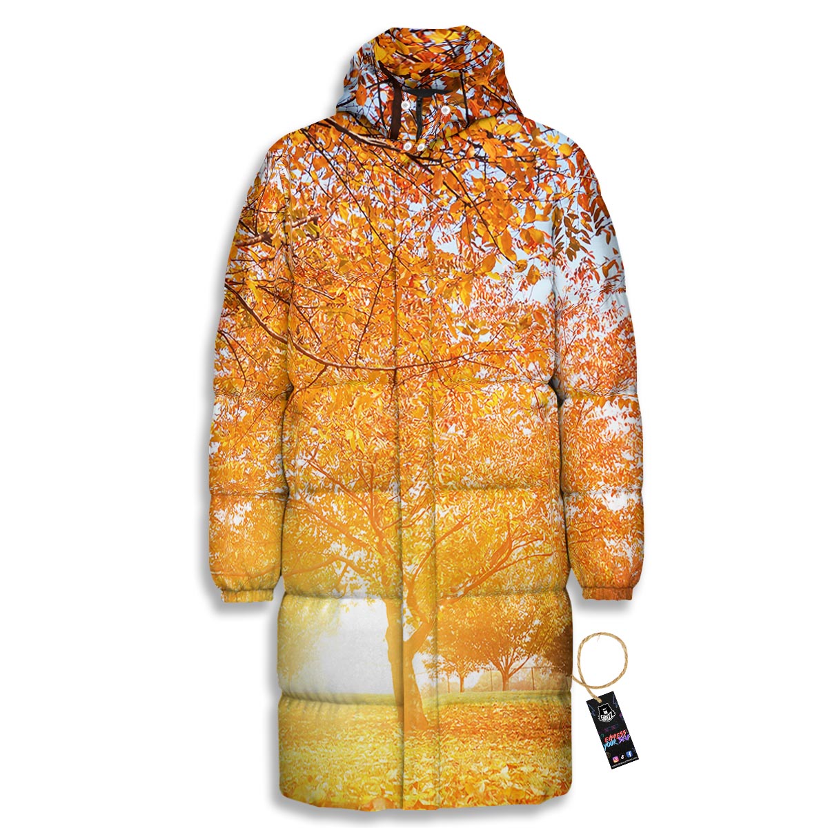Tree Sunshine Autumn Print Long Down Jacket-grizzshop