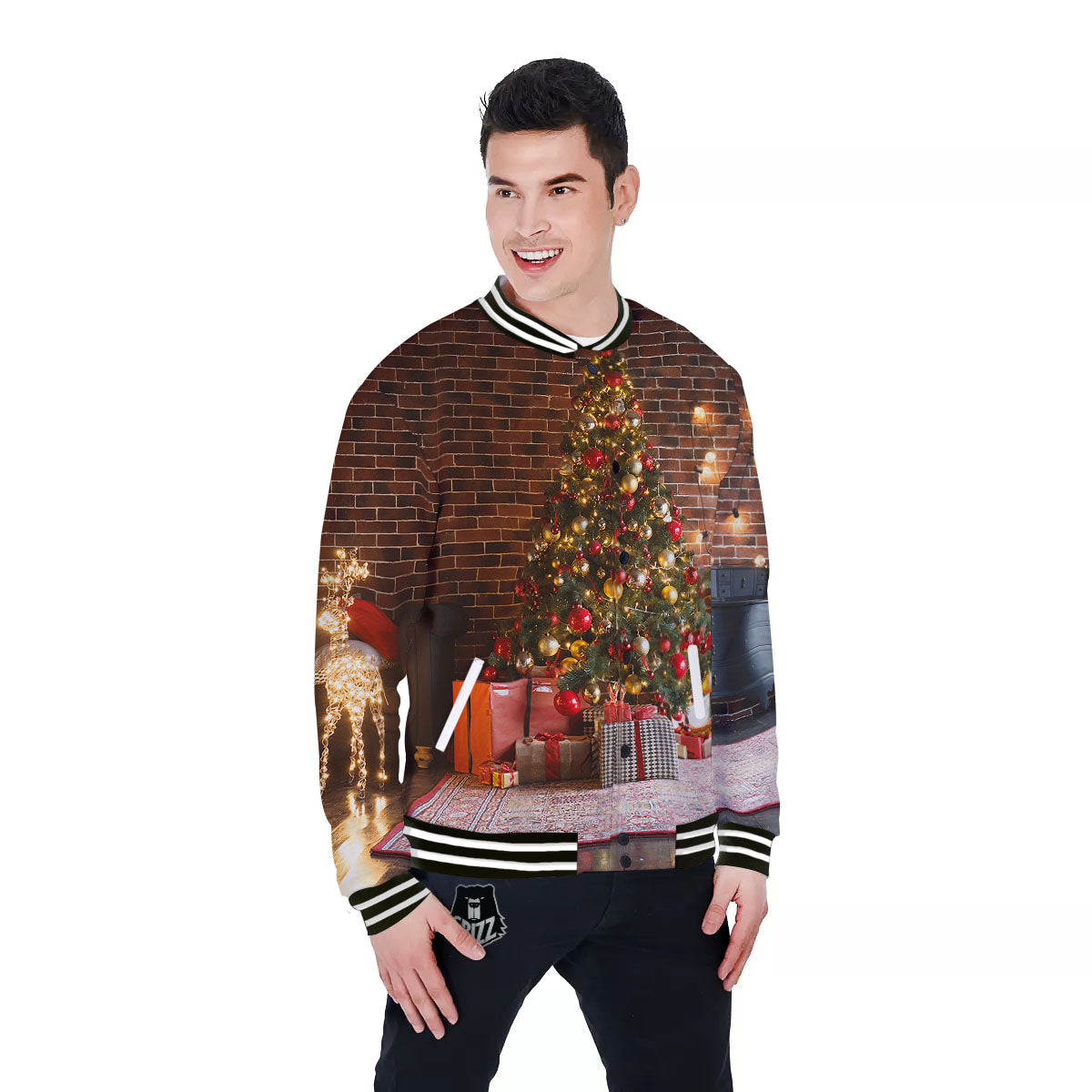 Tree Xmas Print Baseball Jacket-grizzshop