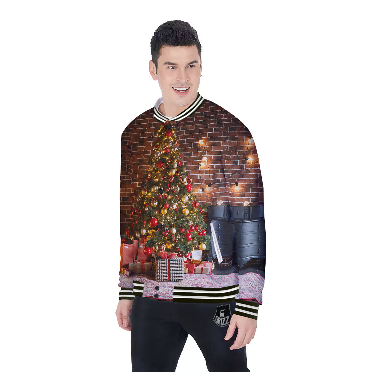 Tree Xmas Print Baseball Jacket-grizzshop